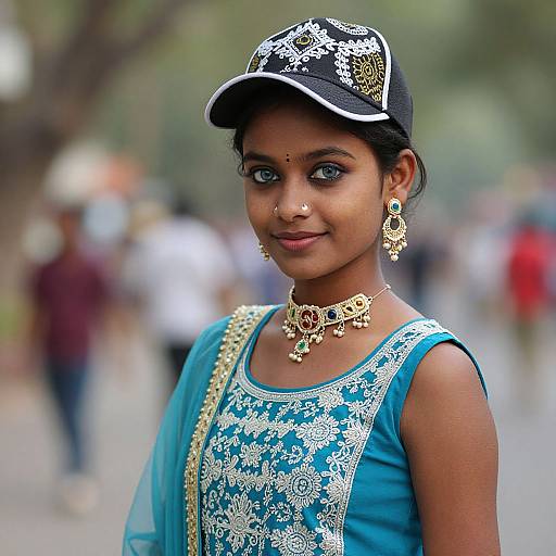 Photograph of a young Indian girl with dark skin, blue eyes, wearing a blue embroidered dress, gold jewelry, and a black cap, standing in