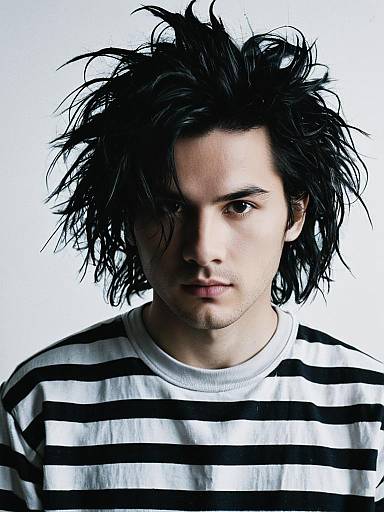 Young Man with Messy Spiked Hair in Striped Shirt