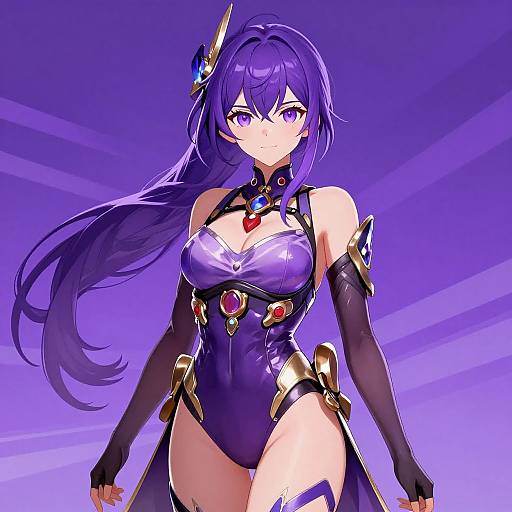 Digital anime-style artwork of a purple-haired, purple-eyed woman in a black and purple armored bodysuit with gem accents, standing confidently against a purple