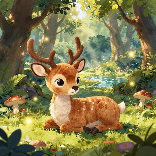 Digital illustration of a cute, fluffy, brown and white deer with small antlers, lying in a sunlit, magical forest clearing with glowing mushrooms and