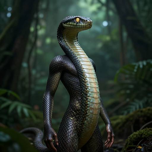 Photorealistic CGI of a muscular, anthropomorphic snake with shiny black and yellow scales, glowing yellow eyes, standing in a dark, misty forest