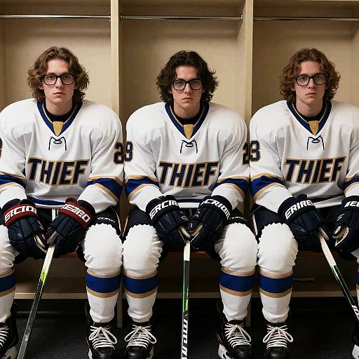 Three Intense Hockey Players in Locker Room