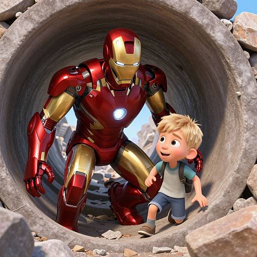 CGI image of a smiling blonde boy in a white shirt and blue shorts running alongside a red and gold Iron Man suit through a rubble-filled tunnel.