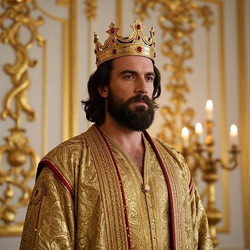 Photograph of a bearded man with dark hair wearing a gold, ornately embroidered robe and a jeweled crown, standing in a luxurious, g