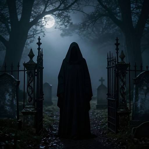 Gothic Cloaked Figure in Foggy Graveyard