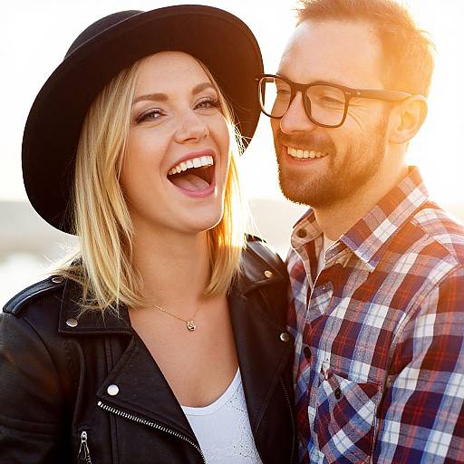 Photograph of smiling blonde woman in black hat and leather jacket, standing close to bearded man with glasses in plaid shirt, sunlight illuminating their