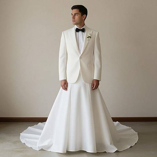 Photograph of a handsome man in a white wedding suit with a black bow tie, white dress shirt, and white floral boutonnière, standing