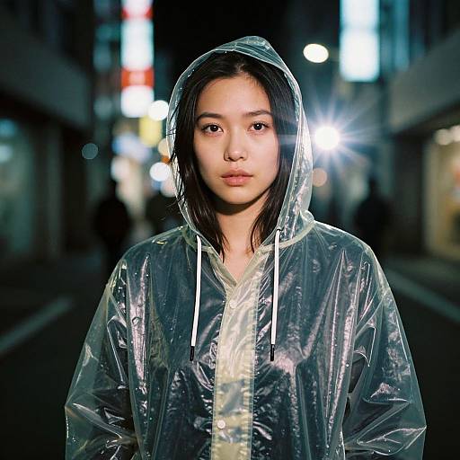 Photograph of an Asian woman with straight black hair, wearing a clear plastic raincoat, standing in a brightly lit, blurred urban street at night.