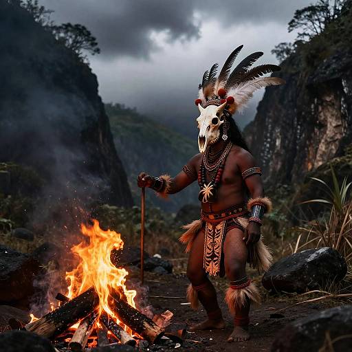 Photograph of a muscular, shirtless indigenous man in tribal attire with a skull mask and feathered headdress, standing by a campfire in a
