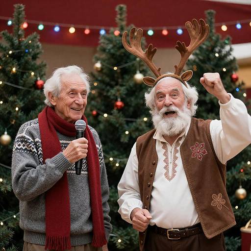 Festive Elderly Duo by Christmas Trees