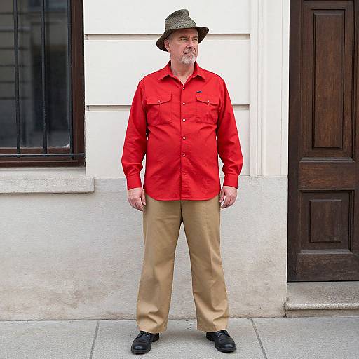 Photograph of an older Caucasian man with gray beard, wearing a gray fedora, bright red shirt, beige pants, and black shoes, standing in