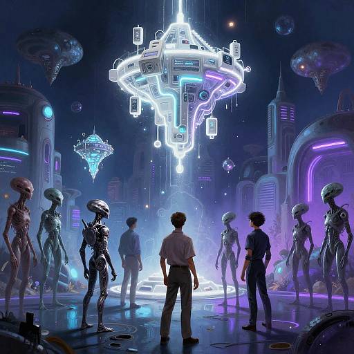 Digital sci-fi artwork: Human figures stand in awe before glowing, futuristic cityscape with floating ships and neon-lit, hovering architecture. Aliens with