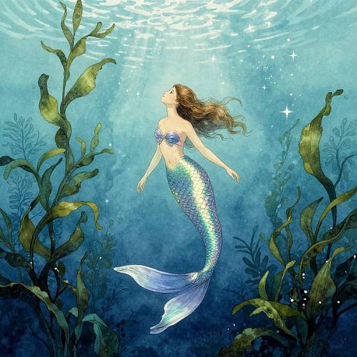 Digital artwork of a shimmering blue mermaid with long brown hair, floating underwater surrounded by green seaweed and sparkling light.