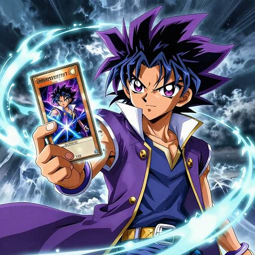Anime-style digital art: Blue-haired character with spiky hair, purple jacket, and blue shirt, holding a card emitting electric blue energy. Background features