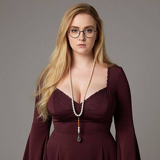 Photograph of a blonde woman with long hair, glasses, wearing a black lace-trimmed dress, and a long beaded necklace, against a