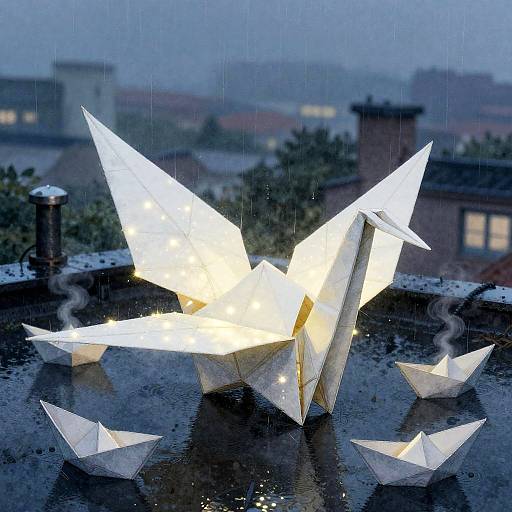 Luminous Origami Crane and Boats on Rainy Rooftop