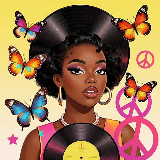 Digital illustration of a dark-skinned woman with Afro, wearing hoop earrings and pink top, surrounded by colorful butterflies, peace sign, and vinyl record against