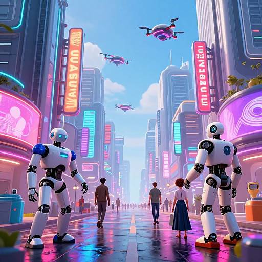 Neon-lit cyberpunk city street with two white robots, a girl in a blue skirt, and people; hovering drones above. Bright, colorful