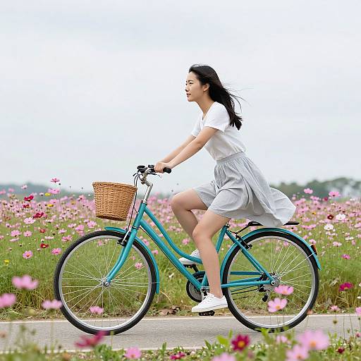 Asian woman with black hair rides a turquoise bicycle through a vibrant field of pink and white flowers, wearing a white dress and white sneakers. Photographic image