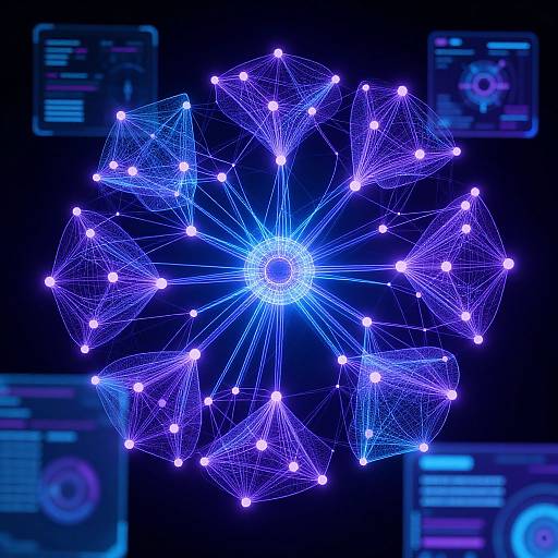 Digital artwork of a glowing, blue, neon network sphere with interconnected nodes against a dark background, featuring blurred, neon-lit interface screens.