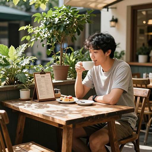 Photograph of a young Asian man with short black hair, wearing a gray t-shirt and khaki shorts, sipping coffee at an outdoor wooden table