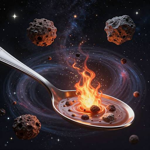 Digital art: Silver spoon with fiery center, surrounded by floating asteroids in a starry, cosmic background, creating a surreal space scene.