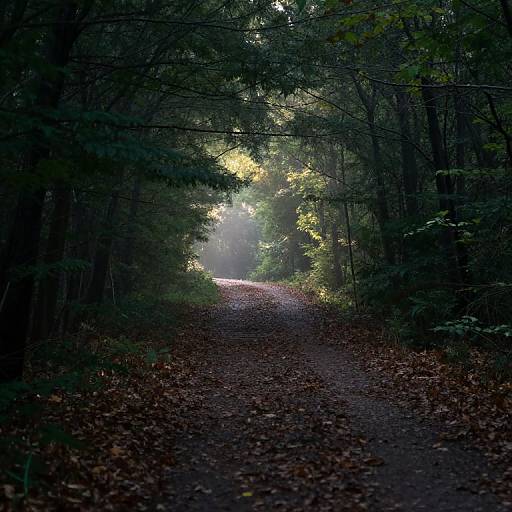 Photograph of a forest path covered in fallen leaves, surrounded by dense, dark green trees with sunlight filtering through at the end.