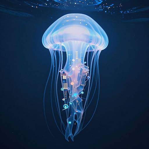 Digital artwork of a glowing, translucent blue jellyfish with illuminated grid-like patterns on its bell and tentacles, floating in a dark blue underwater environment.