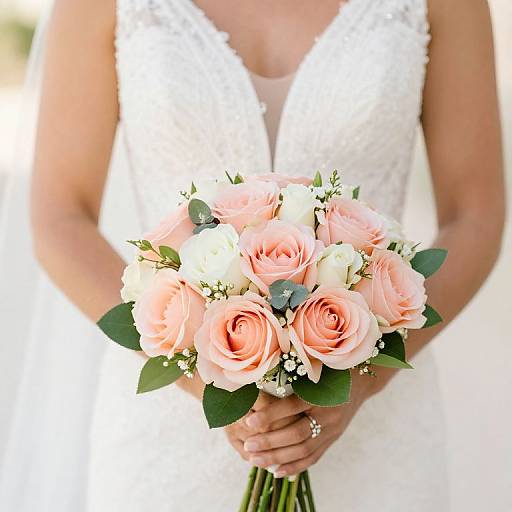 Photograph of a bride in a white lace dress holding a peach and white rose bouquet with greenery and small blue berries.
