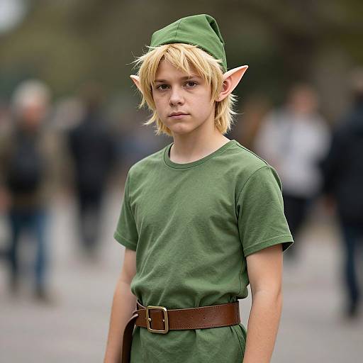 Photograph of a young boy with blonde hair, elf ears, green t-shirt, and cap, brown belt, standing in a blurred outdoor crowd.