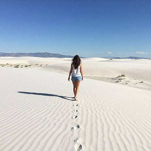 Photograph of a woman with long dark hair, wearing a white tank top and denim shorts, walking alone in a bright, sunlit, white sand