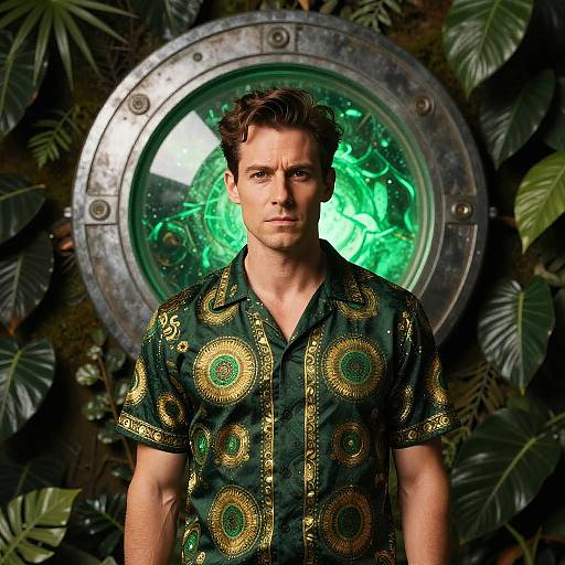 Photograph of a muscular man with short brown hair, wearing a green patterned shirt, standing in front of a glowing green circular metallic device, surrounded