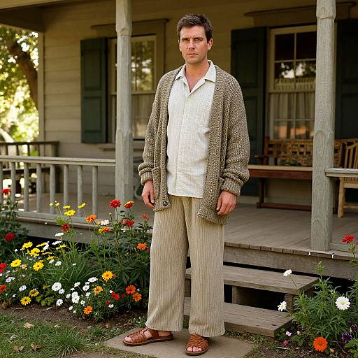 Photograph of a handsome, light-skinned man with short brown hair, wearing a brown cardigan, white shirt, beige pants, and brown sandals