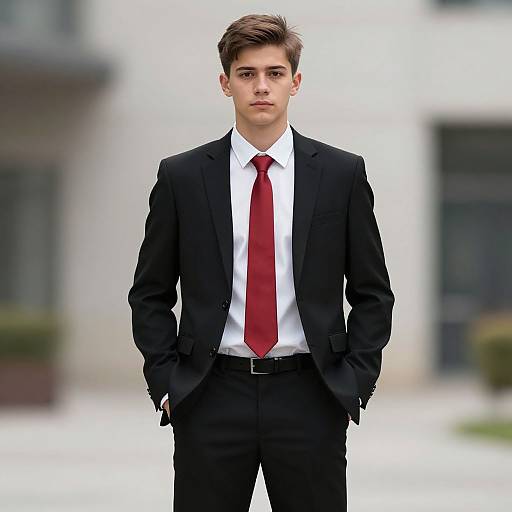 Photograph of a young Caucasian man with short brown hair, wearing a black suit, white shirt, and red tie, standing with hands in pockets,