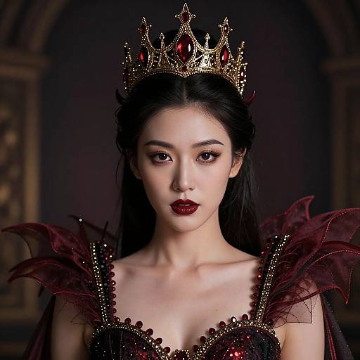Photorealistic digital portrait of an East Asian woman with pale skin, dark hair, red lipstick, crowned with a gold and red jeweled crown,