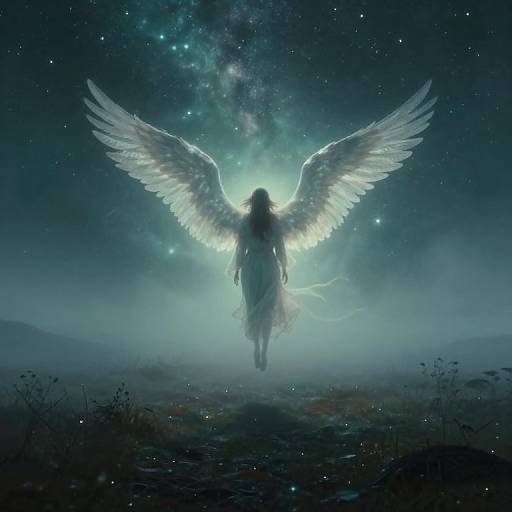 Digital art of a silhouetted angel with glowing wings, floating upward against a starry, cosmic night sky and misty landscape.