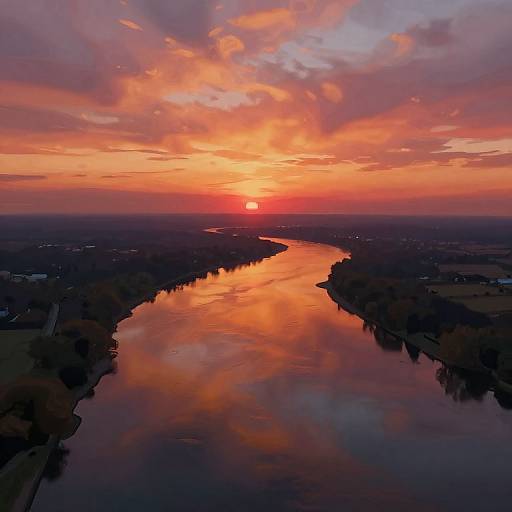 Photograph of a vibrant sunset over a reflective river, with orange, pink, and purple clouds illuminating the calm water.