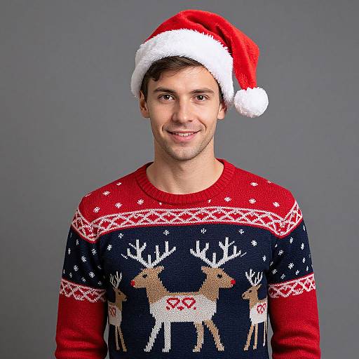 Man in Festive Deer Sweater and Santa Hat