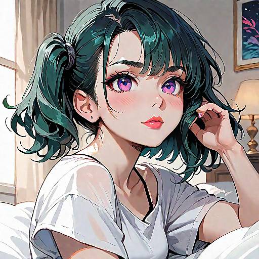 Anime Girl in Nightwear on Bed