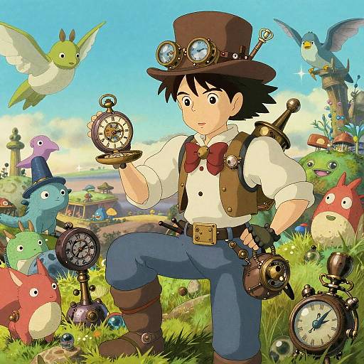 Anime-style digital illustration of a steampunk boy with goggles, bow tie, and brown hat, surrounded by colorful birds and clocks in a vibrant,