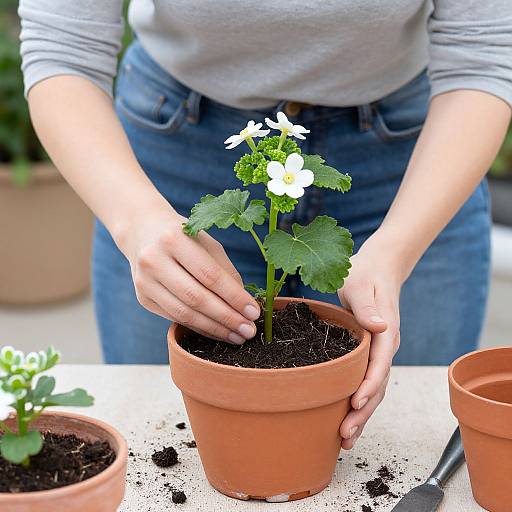 Woman Planting Flowers in Pot