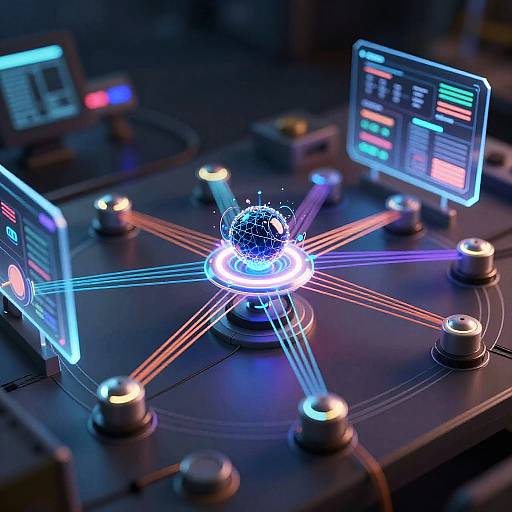 Digital rendering of a futuristic control panel with glowing blue holographic screens, a central glowing sphere, and interconnected buttons.