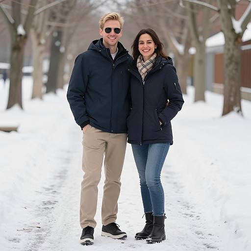 Snowy Path Couple in Winter Attire