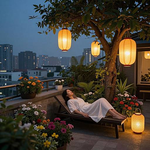 Woman Relaxing on Rooftop Garden at Dusk