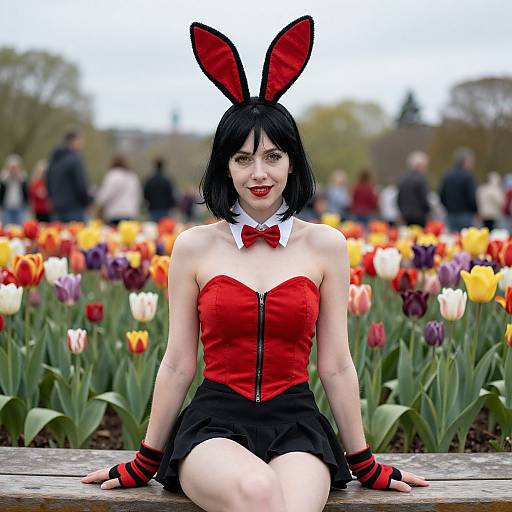 Photograph of a pale-skinned woman with black hair and red bunny ears, wearing a red corset, black skirt, and bow tie, sitting