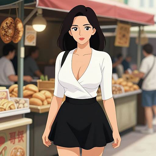 Digital anime-style illustration of a curvy woman with black hair, white V-neck top, and black skirt, standing at a bustling outdoor market with food