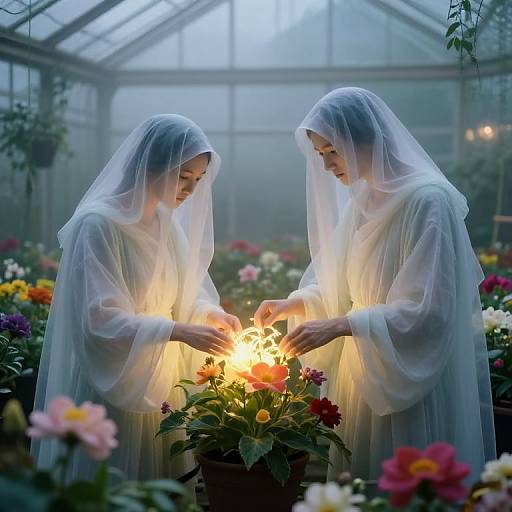 Photograph of two ethereal women in translucent white veils, gently touching glowing flowers in a misty, colorful greenhouse.