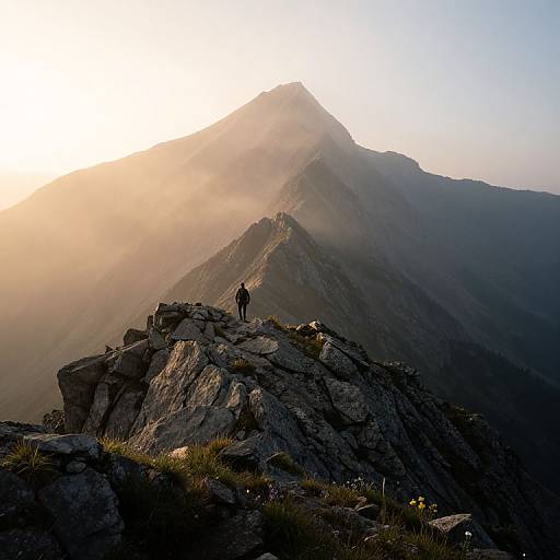 Photograph of a lone hiker standing on a rocky peak at sunrise, with a misty mountain range and golden sunlight in the background.