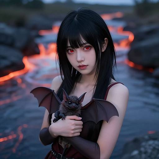 Digital art of pale-skinned anime girl with black hair and red eyes, holding a bat with wings, in a dark, fiery landscape.