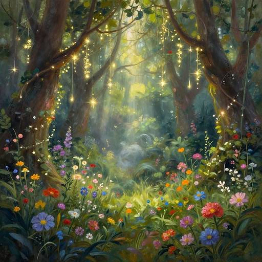 Enchanted forest scene with vibrant flowers, twinkling fairy lights, and sunbeams filtering through dense trees, creating a magical, whimsical atmosphere